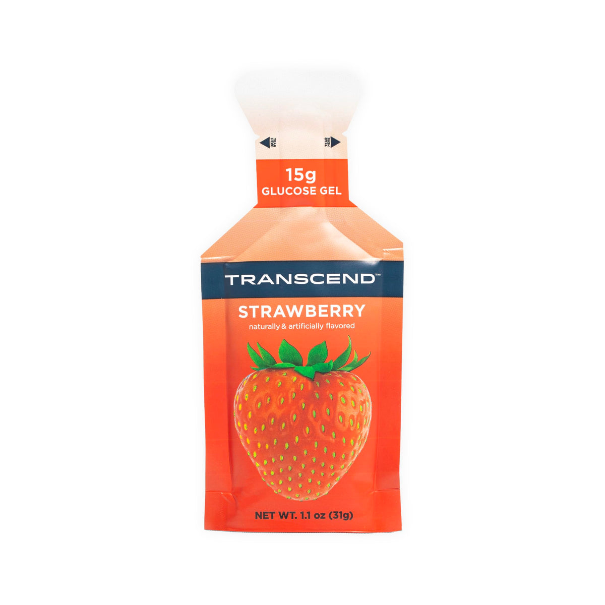 Transcend Strawberry Energy Gel 24-pack on table for on-the-go fueling.