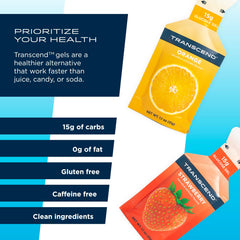 Transcend Strawberry + Orange Gels strawberry flavor closeup in packaging imagery.