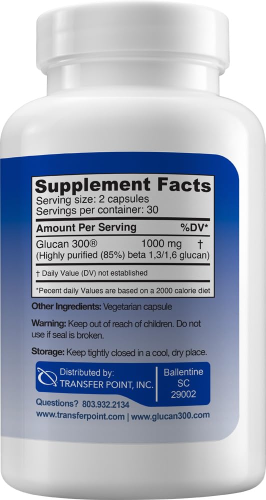 Transfer Point beta glucan capsule close-up showing 500 mg strength.