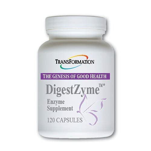 TRANSFORMATION DigestZyme bottle shows gentle digestive support for daily meals.