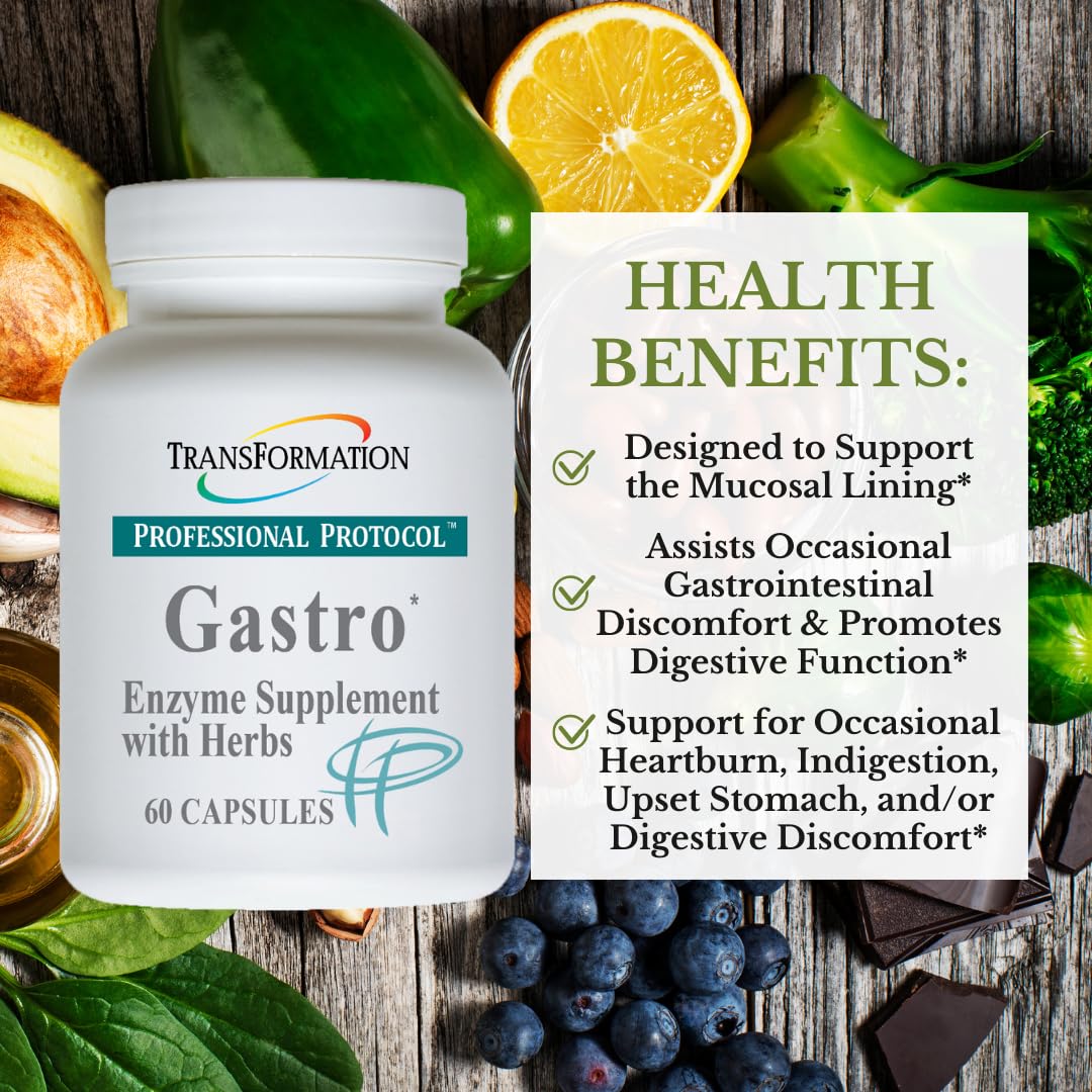 TRANSFORMATION Genesis Gastro Enzyme capsules closeup support protein and fat digestion.