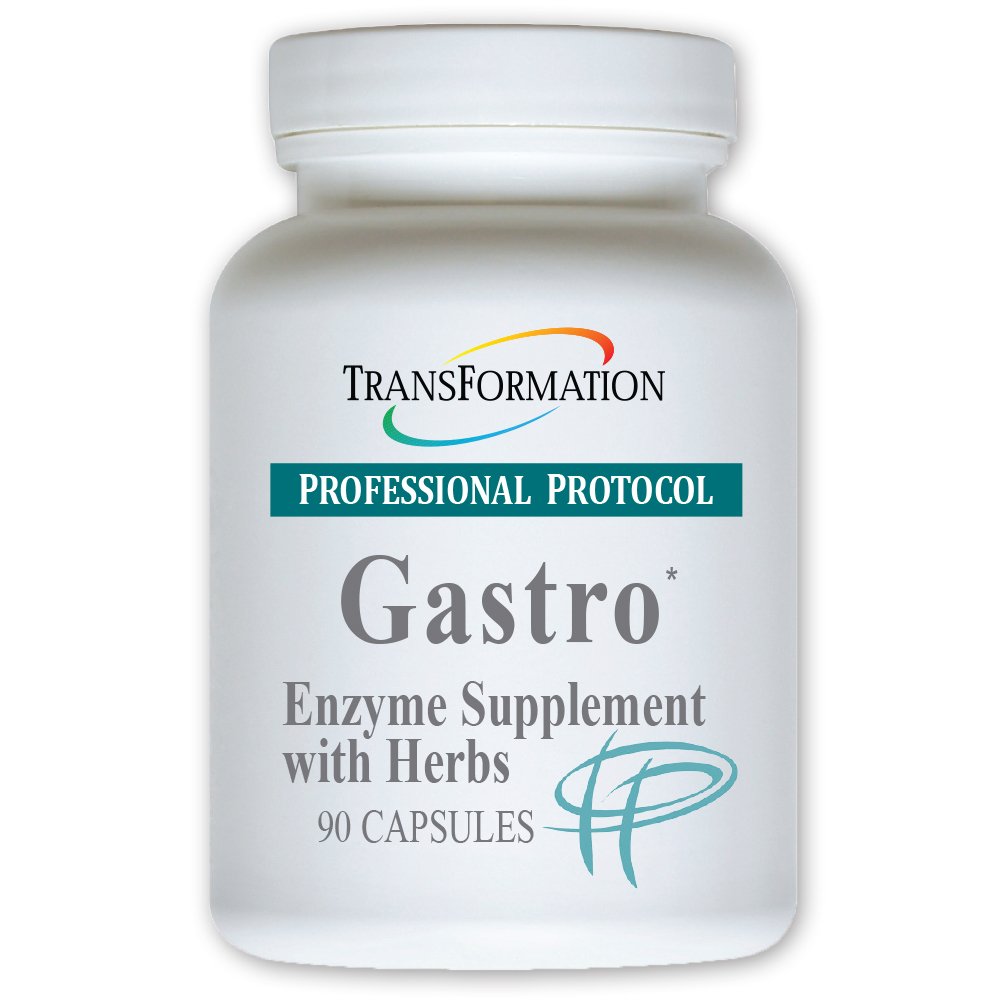 TRANSFORMATION Genesis Gastro enzyme capsules on bottle aid digestion and nutrient absorption.
