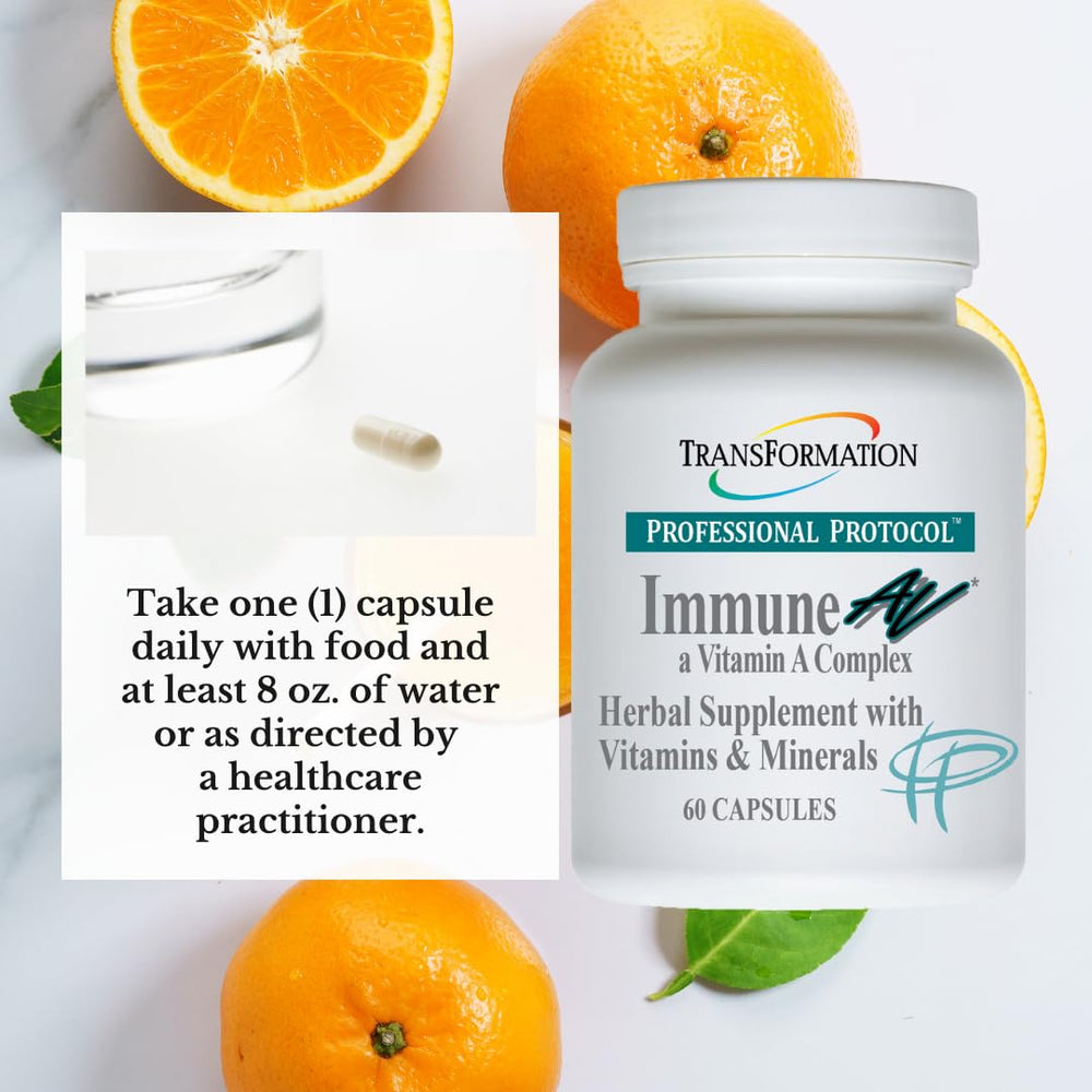 Transformation Genesis Immune AV bottle beside vitamins and herbs shows integrated nutrients.