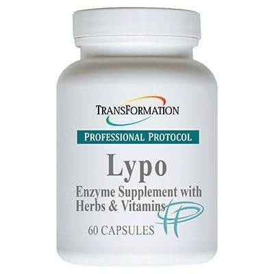 Transformation Lypo Enzymes bottle on a kitchen counter for digestive comfort and fat digestion.