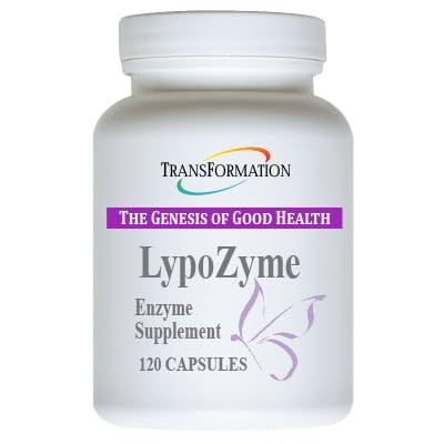 Transformation LypoZyme bottle shows vegan, non-GMO lipase blend for digestion support.