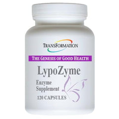 Transformation LypoZyme bottle shows vegan, non-GMO lipase blend for digestion support.