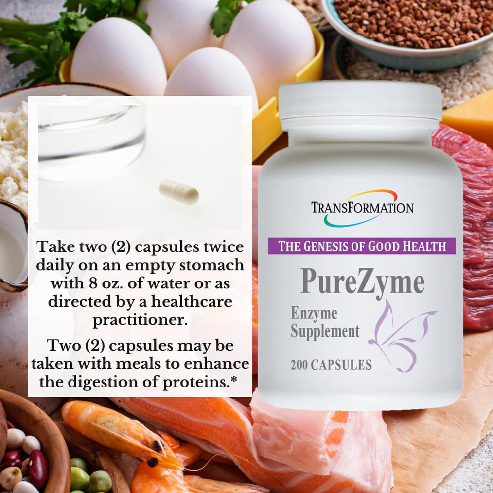 TRANSFORMATION Purezyme label detail showcasing non-GMO and vegan ingredients.