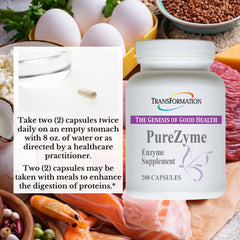 TRANSFORMATION Purezyme label detail showcasing non-GMO and vegan ingredients.