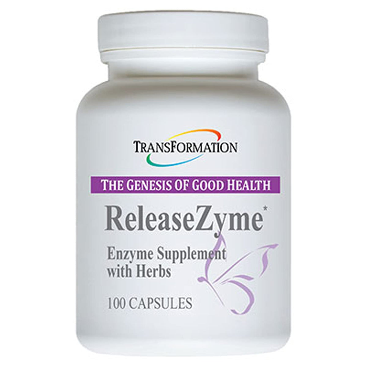 TRANSFORMATION ReleaseZyme bottle front shows herbal enzyme formula for digestion.