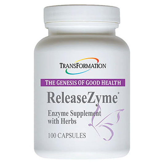 TRANSFORMATION ReleaseZyme bottle front shows herbal enzyme formula for digestion.