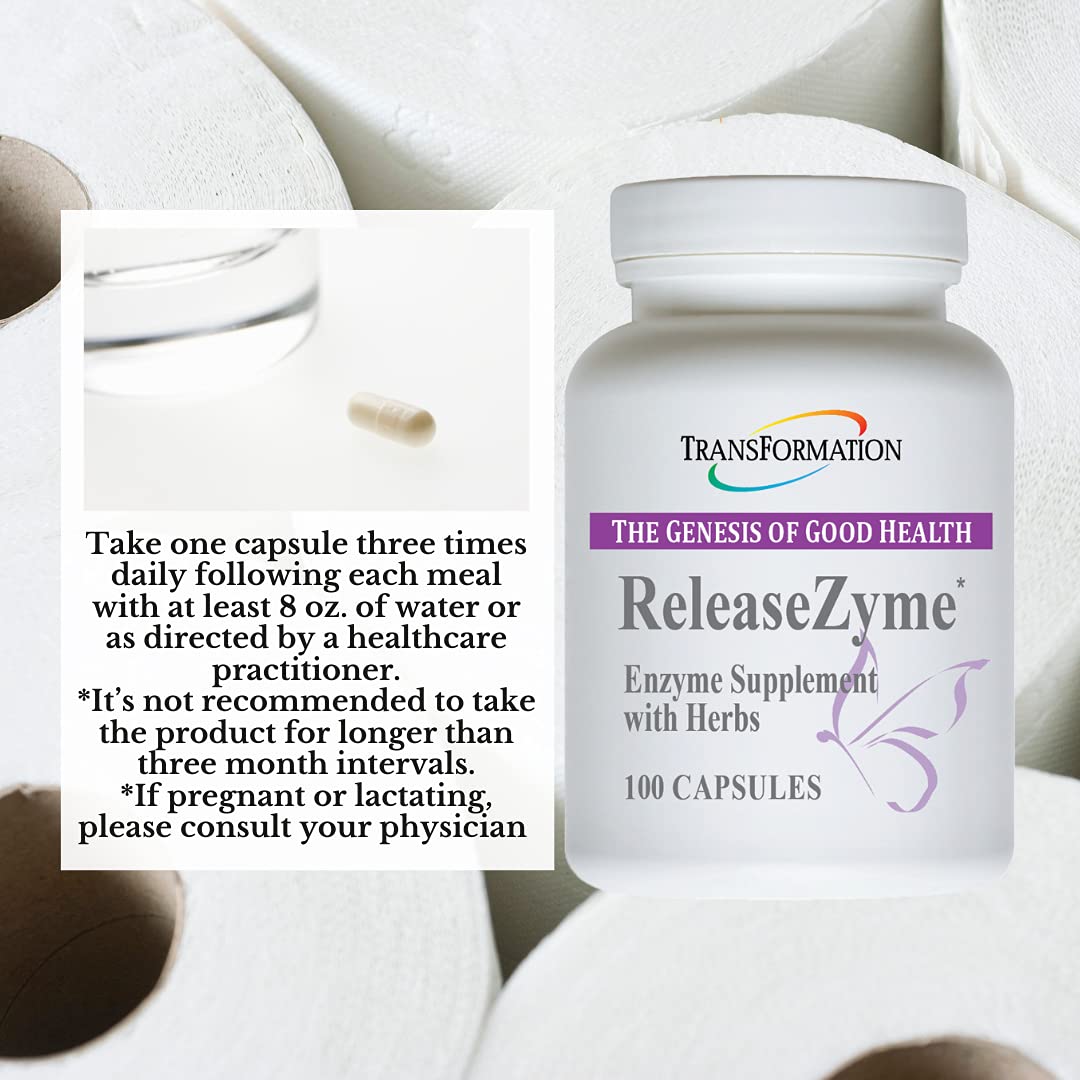 TRANSFORMATION ReleaseZyme capsules image emphasizes convenient daily digestive support.