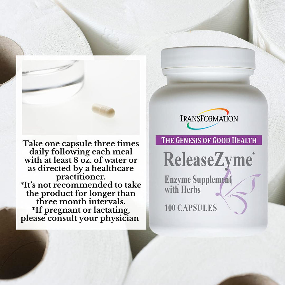 TRANSFORMATION ReleaseZyme capsules image emphasizes convenient daily digestive support.