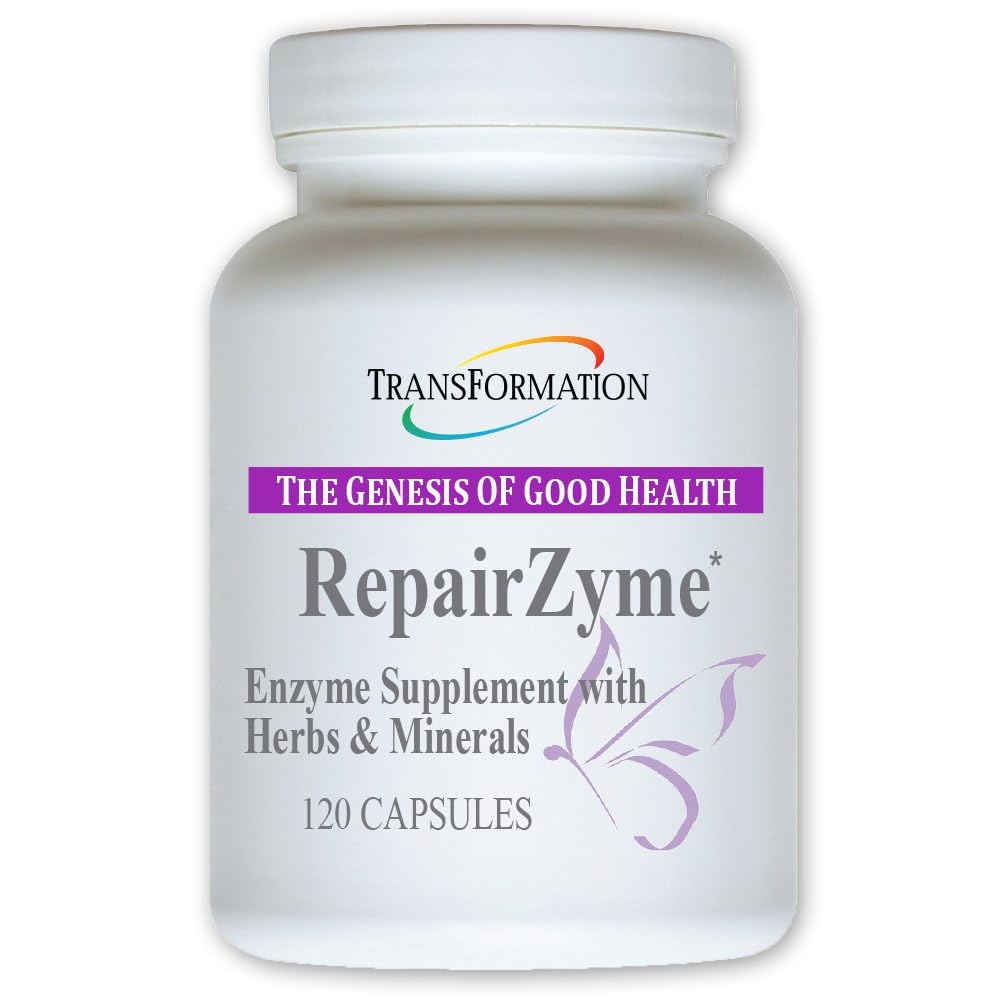 TRANSFORMATION RepairZyme bottle showing label and vegan formula for digestion support