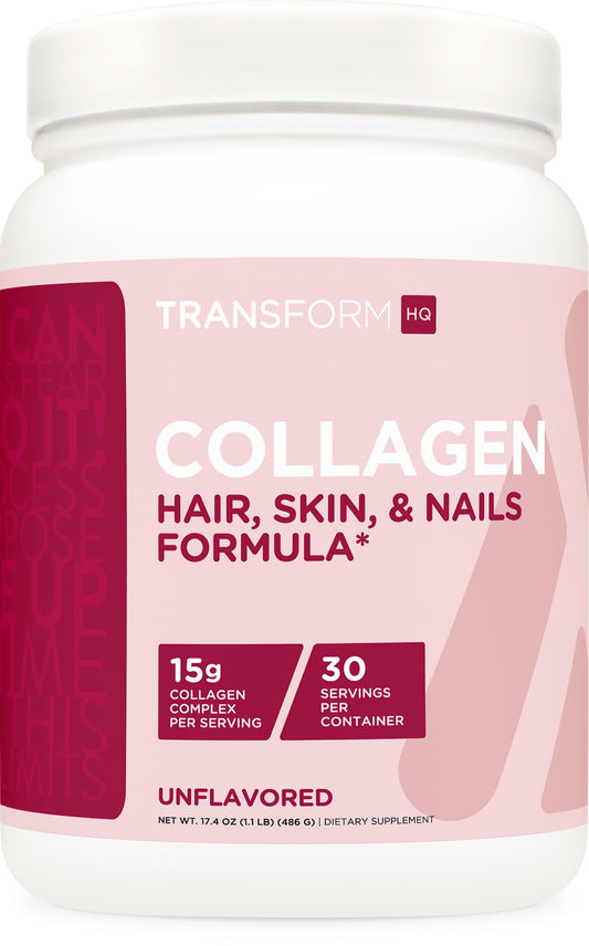 TransformHQ Beauty Collagen tub front view with unflavored formula for versatile mixing