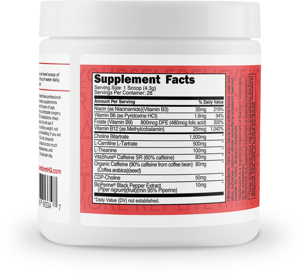 Close-up of TransformHQ Fruit Punch powder label highlighting sugar-free formula