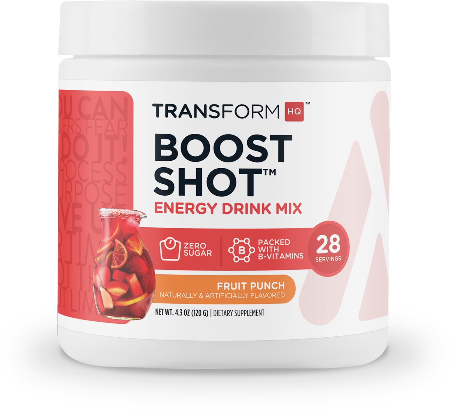 TransformHQ Energy & Focus Powder Fruit Punch tub showing clean energy benefits