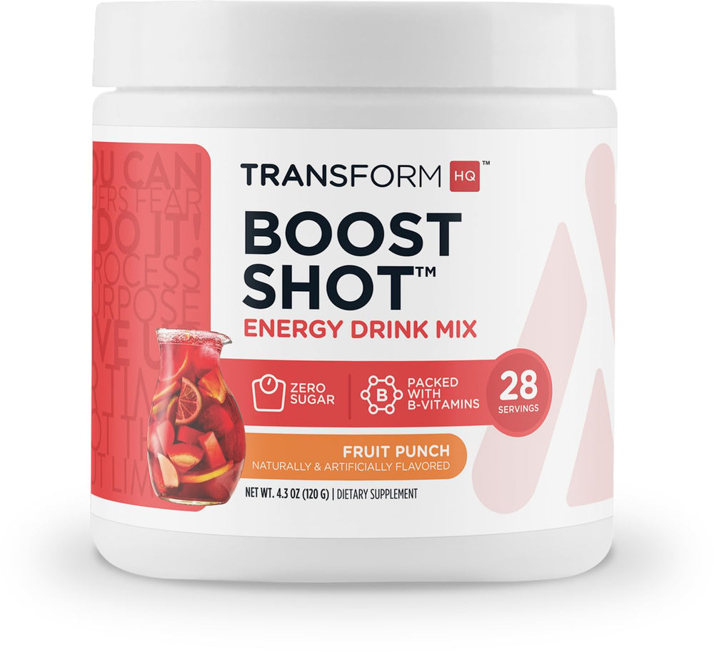 TransformHQ Energy & Focus Powder Fruit Punch tub showing clean energy benefits