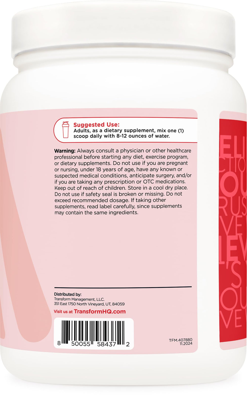 TransformHQ Fruit Punch collagen powder mixing into a glass of water.