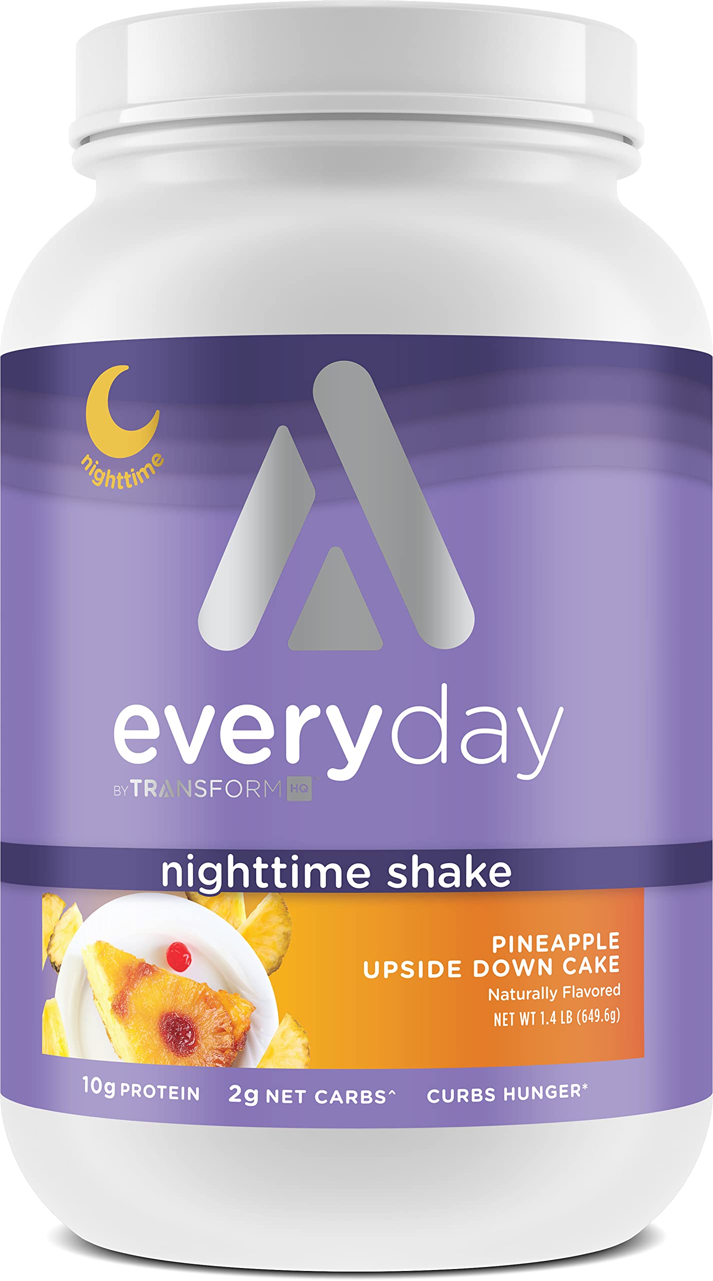 TransformHQ Nighttime Shake bottle pour highlights pineapple flavor and convenient evening nutrition.