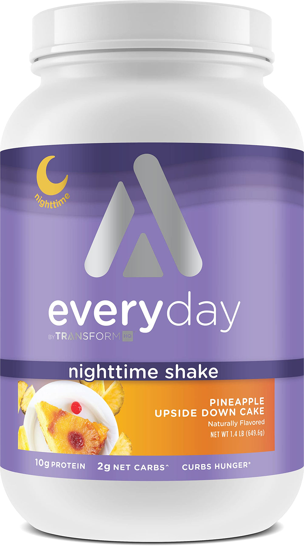 TransformHQ Nighttime Shake bottle pour highlights pineapple flavor and convenient evening nutrition.