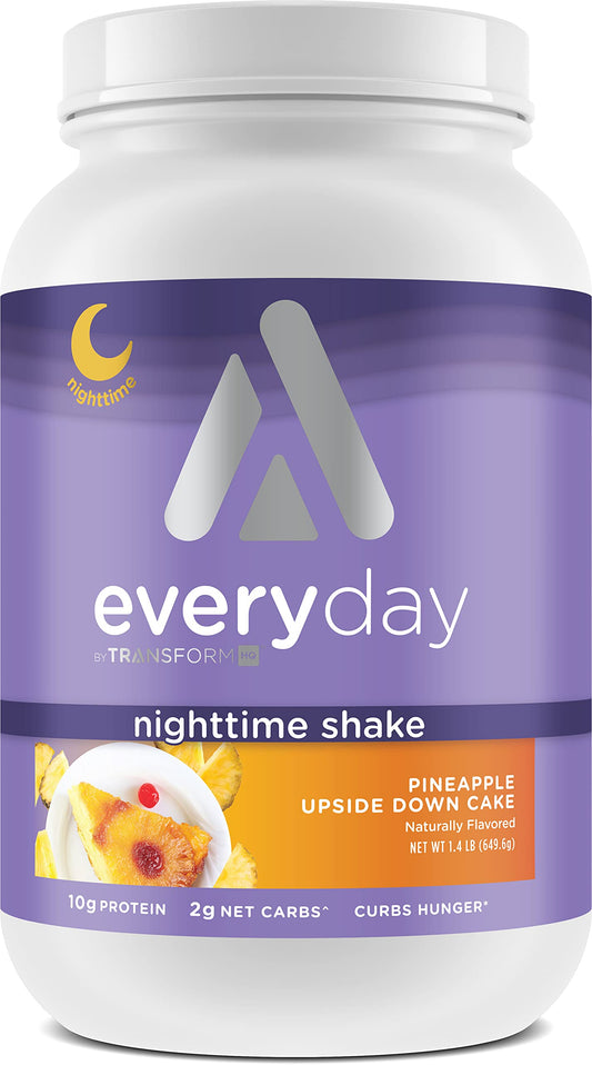 TransformHQ Nighttime Shake bottle pour highlights pineapple flavor and convenient evening nutrition.