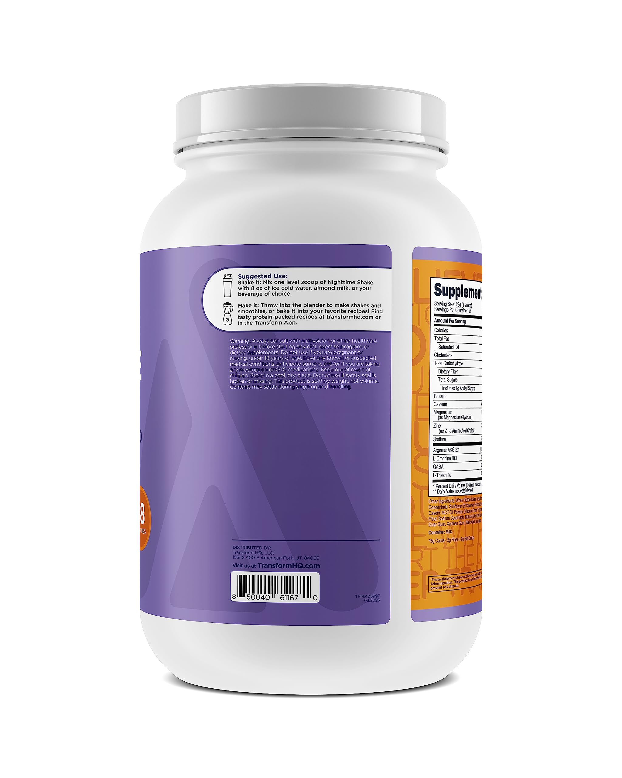 TransformHQ Nighttime Shake bottle label; tested by ISO-accredited labs for consistency.