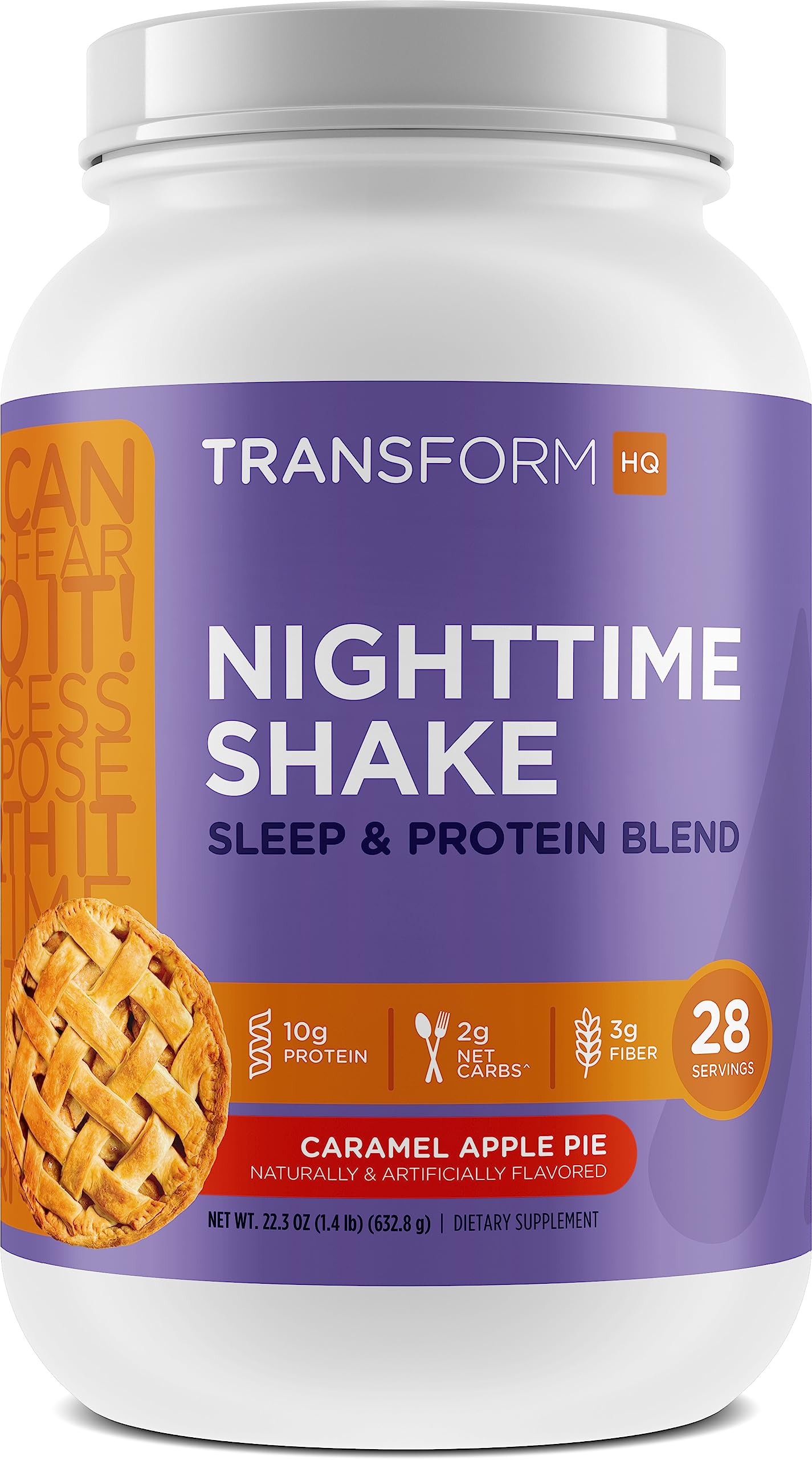 TransformHQ Nighttime Shake Caramel Apple Pie cup; 10 g protein per serving.