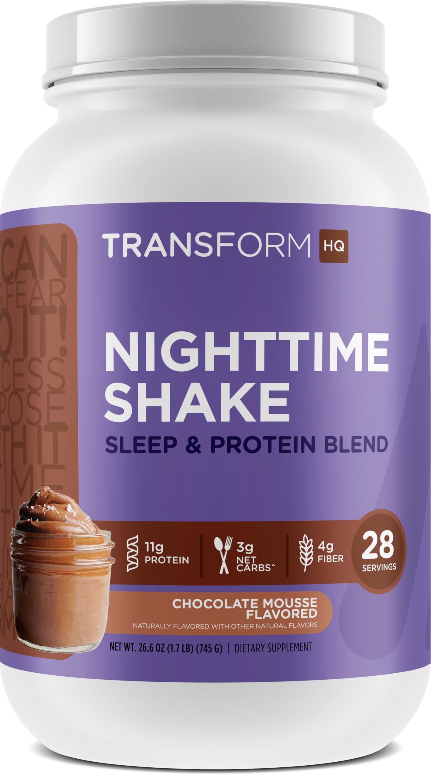TransformHQ Nighttime Shake bottle with chocolate mousse flavor for a bedtime protein option