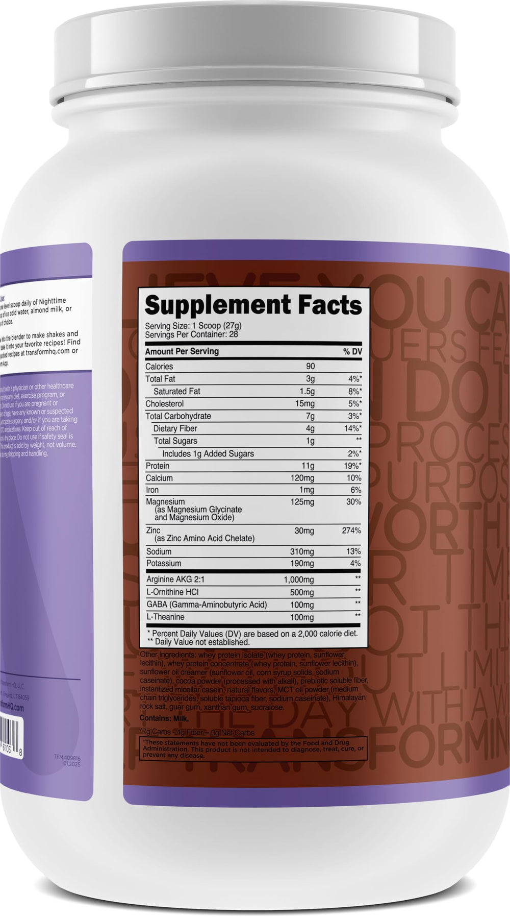Close-up of TransformHQ Nighttime Shake label showing proteins and amino acids
