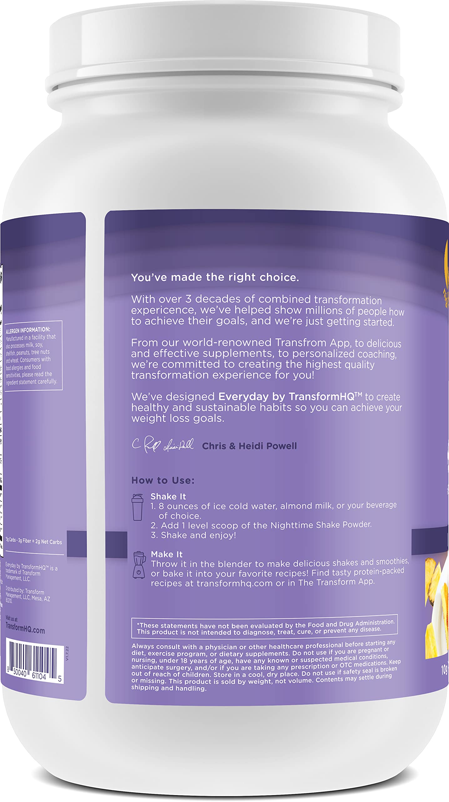 TransformHQ Nighttime Shake scoop and label emphasizing 10 g protein per serving.