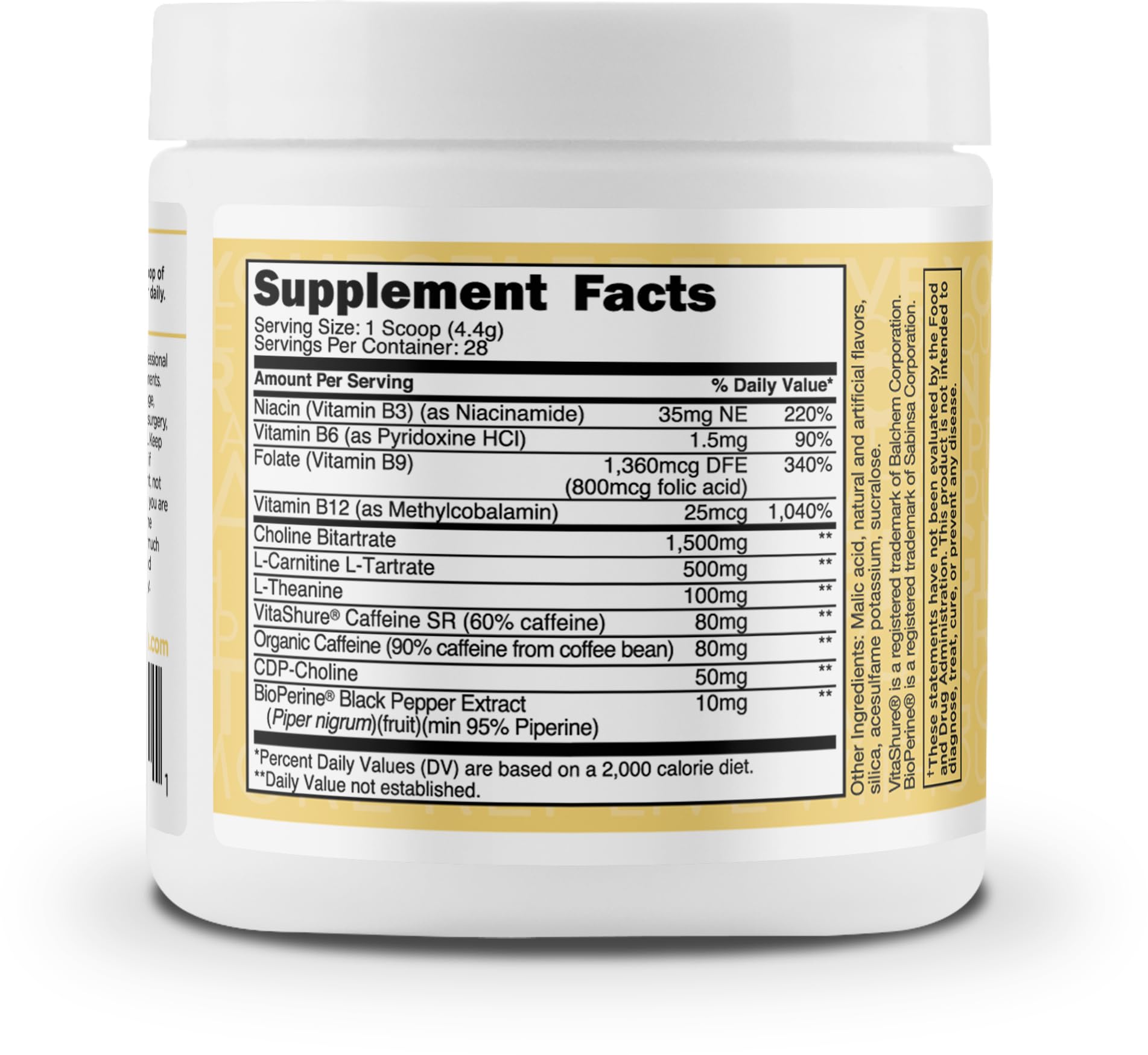 TransformHQ pina colada label closeup highlighting non-GMO and gluten-free ingredients.