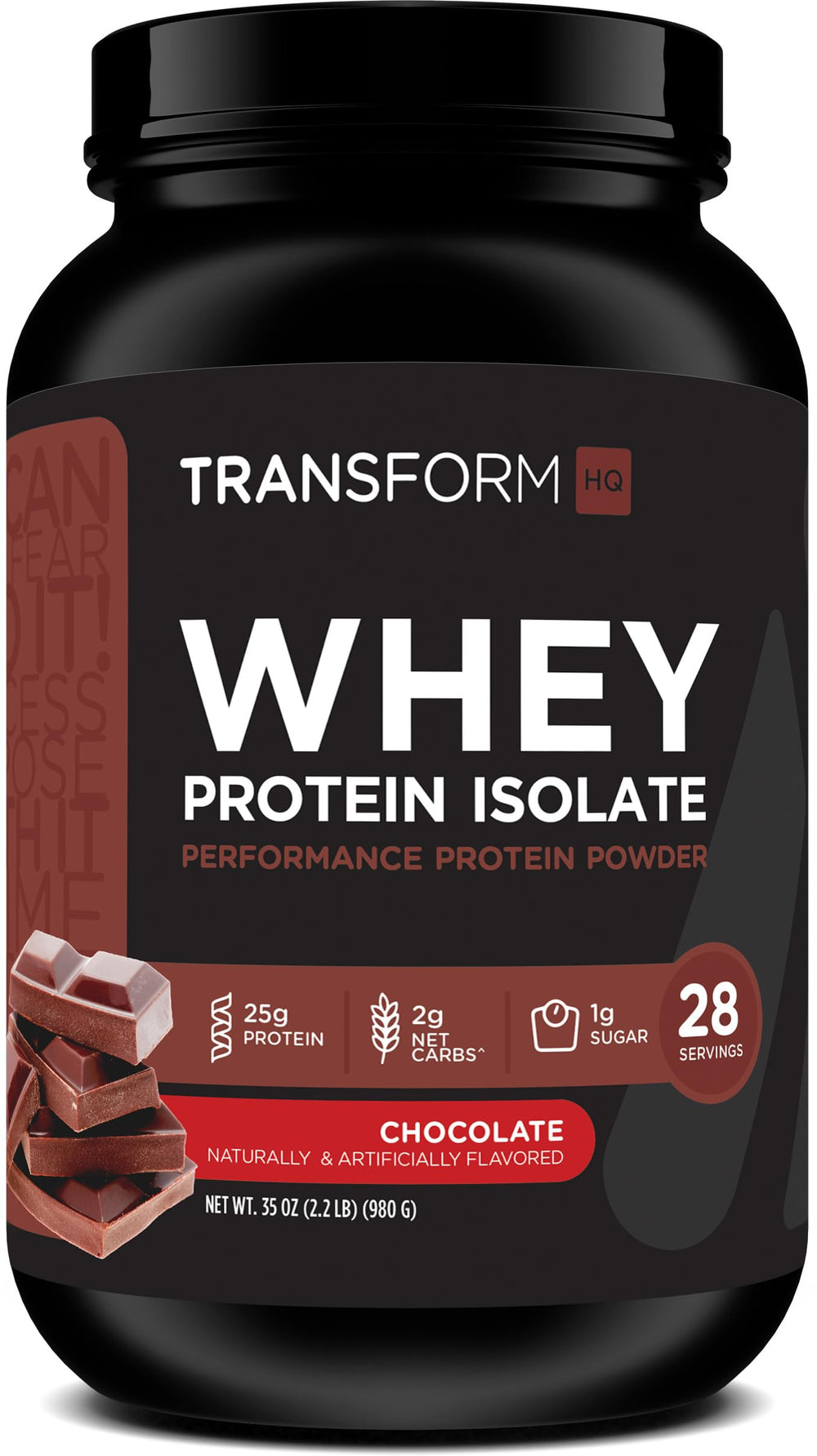 TransformHQ Whey Protein Isolate bottle in chocolate flavor, convenient post-workout nutrition.