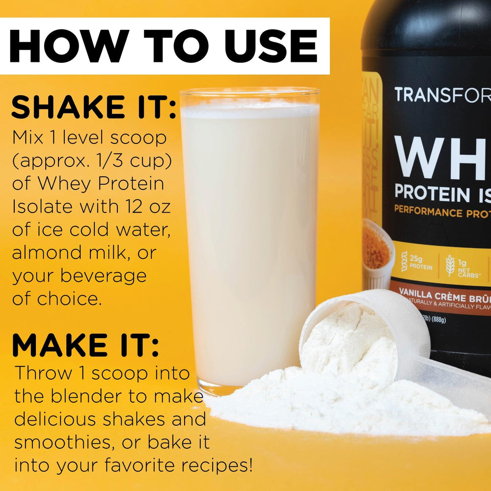 TransformHQ Whey Protein Isolate GMP facility badge emphasizes quality standards.