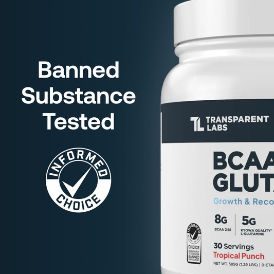 Transparent Labs BCAA Glutamine serving scoop beside tub for versatile pre- to post-workout use.