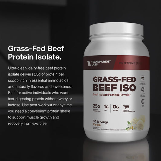 Transparent Labs beef protein scoop highlights high-protein serving for lean muscle support.