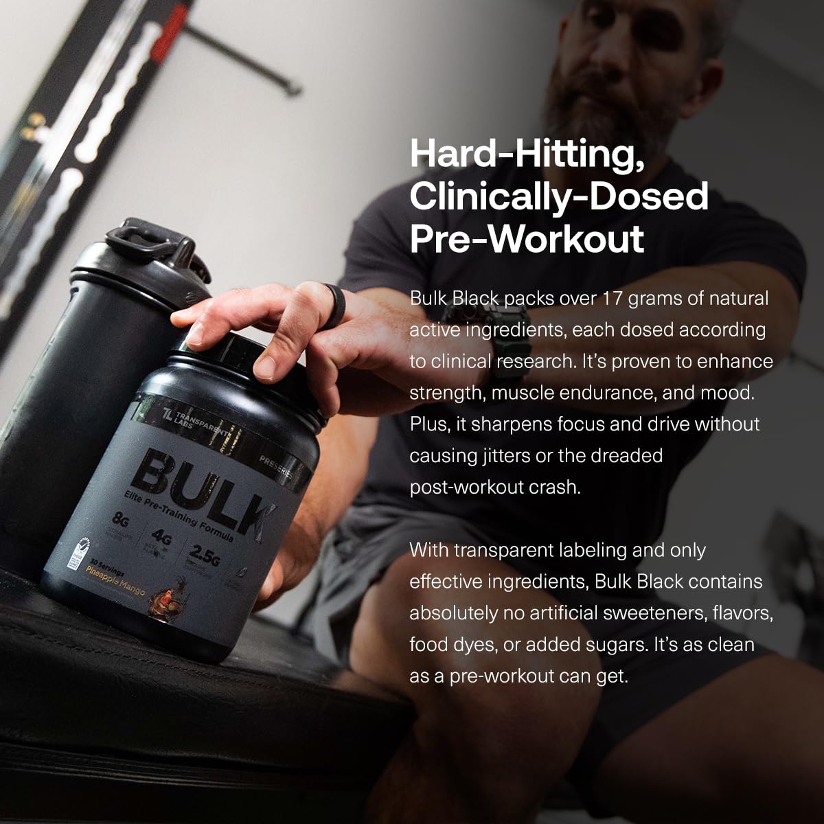 Transparent Labs Bulk Black caffeine-boost emphasizes quick, clean energy for workouts.
