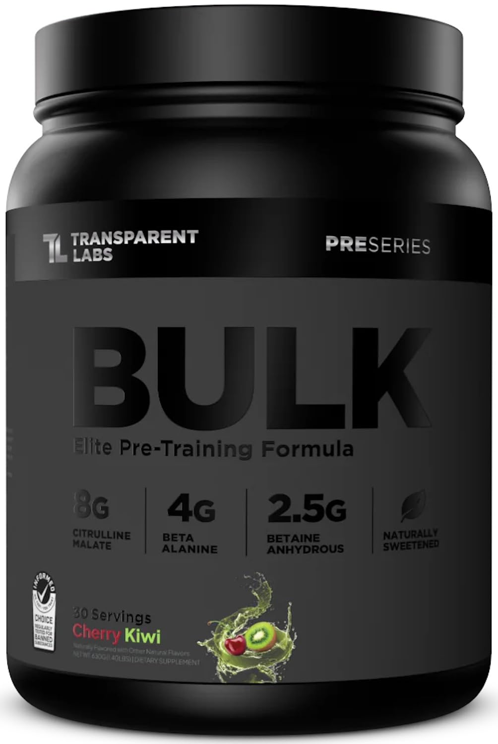 Transparent Labs Bulk Black front packaging highlights a clean, premium pre-workout formula.