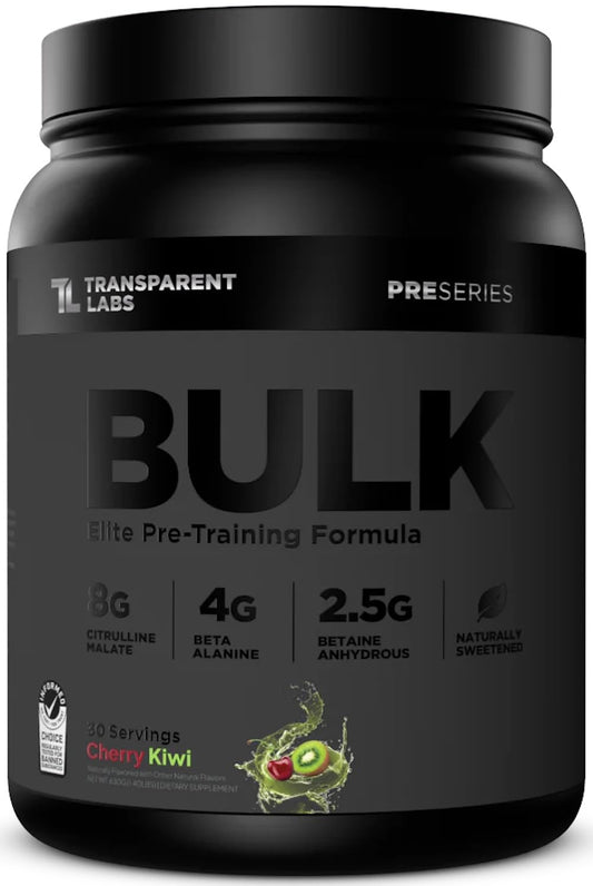 Transparent Labs Bulk Black front packaging highlights a clean, premium pre-workout formula.