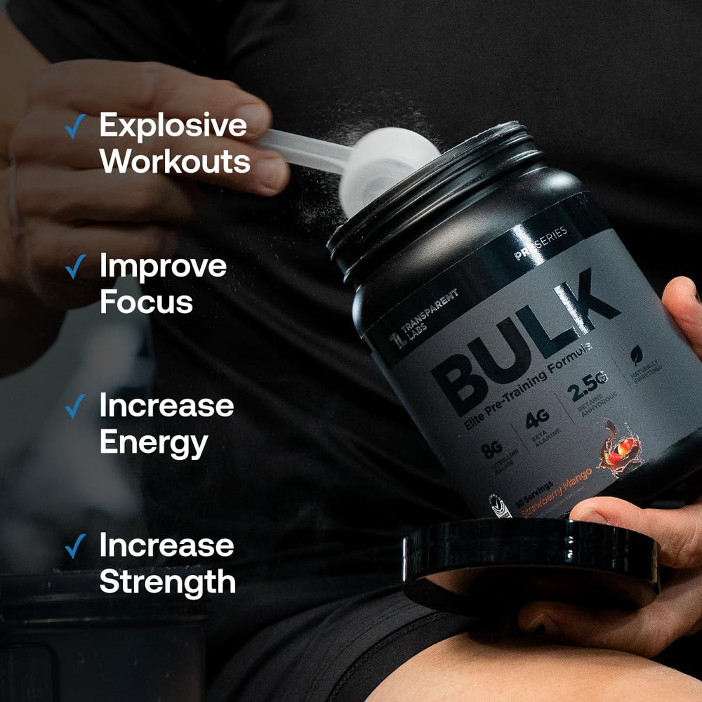 Transparent Labs Bulk Black no artificial additives reinforce clean pre-workout choice.