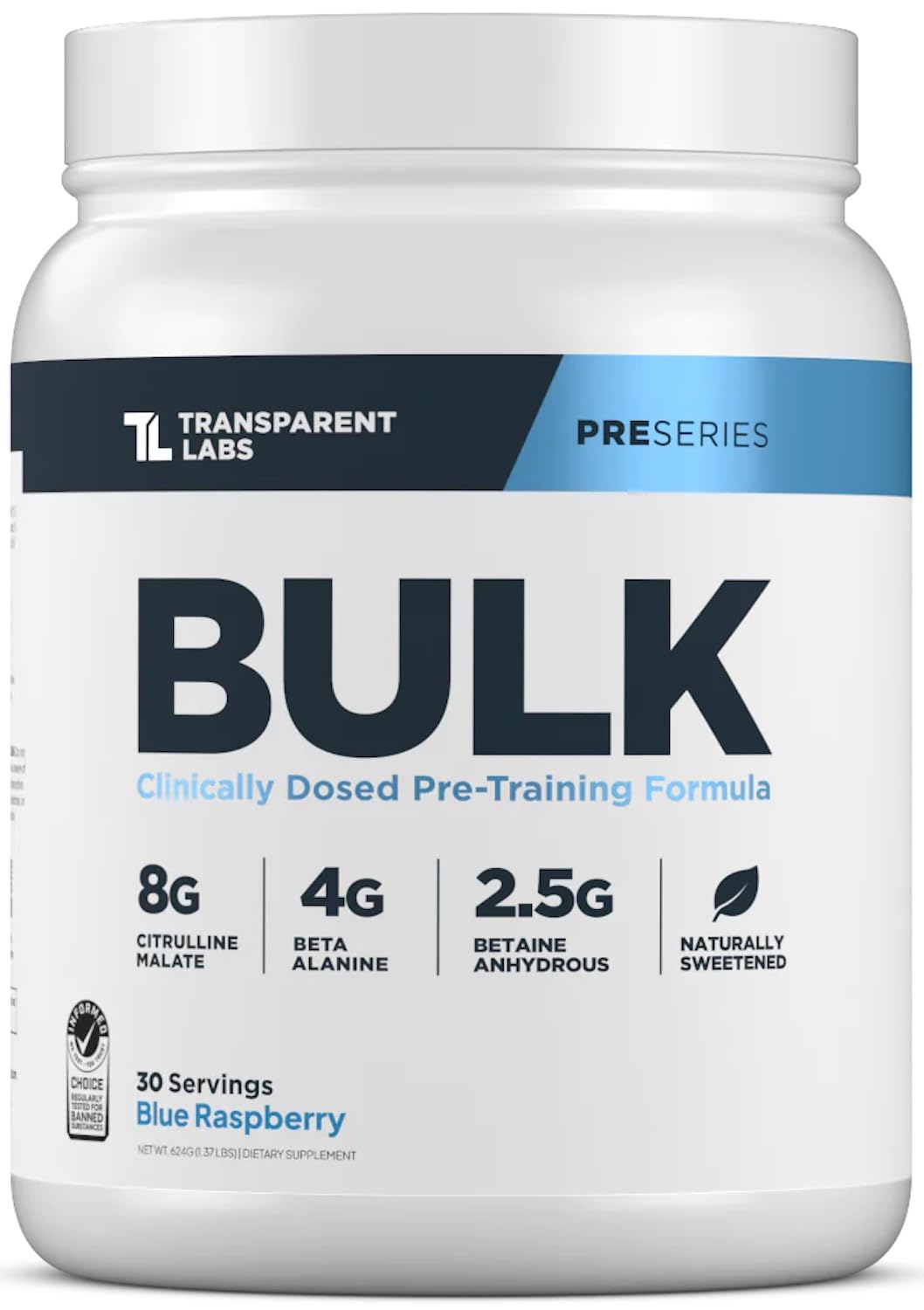 Transparent Labs Bulk Pre-Workout blue raspberry bottle boosts focus and endurance during workouts