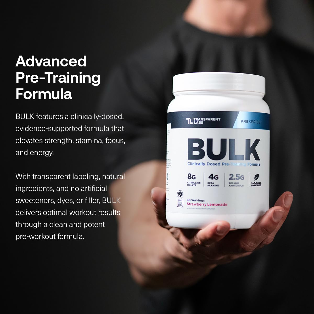 Transparent Labs Bulk Pre-Workout blue raspberry label emphasizes full transparency