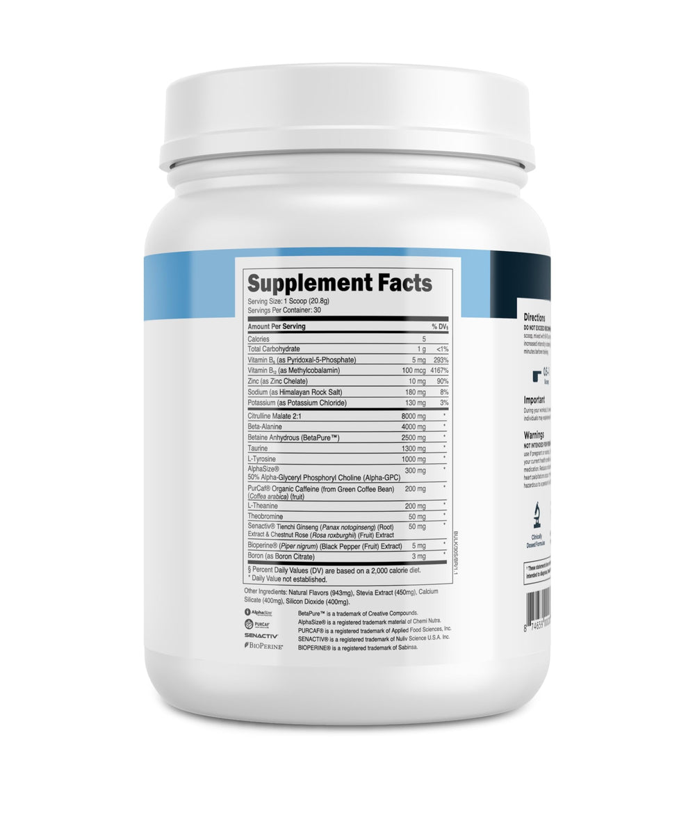 Transparent Labs Bulk Pre-Workout blue raspberry scoop close-up with natural sweetness