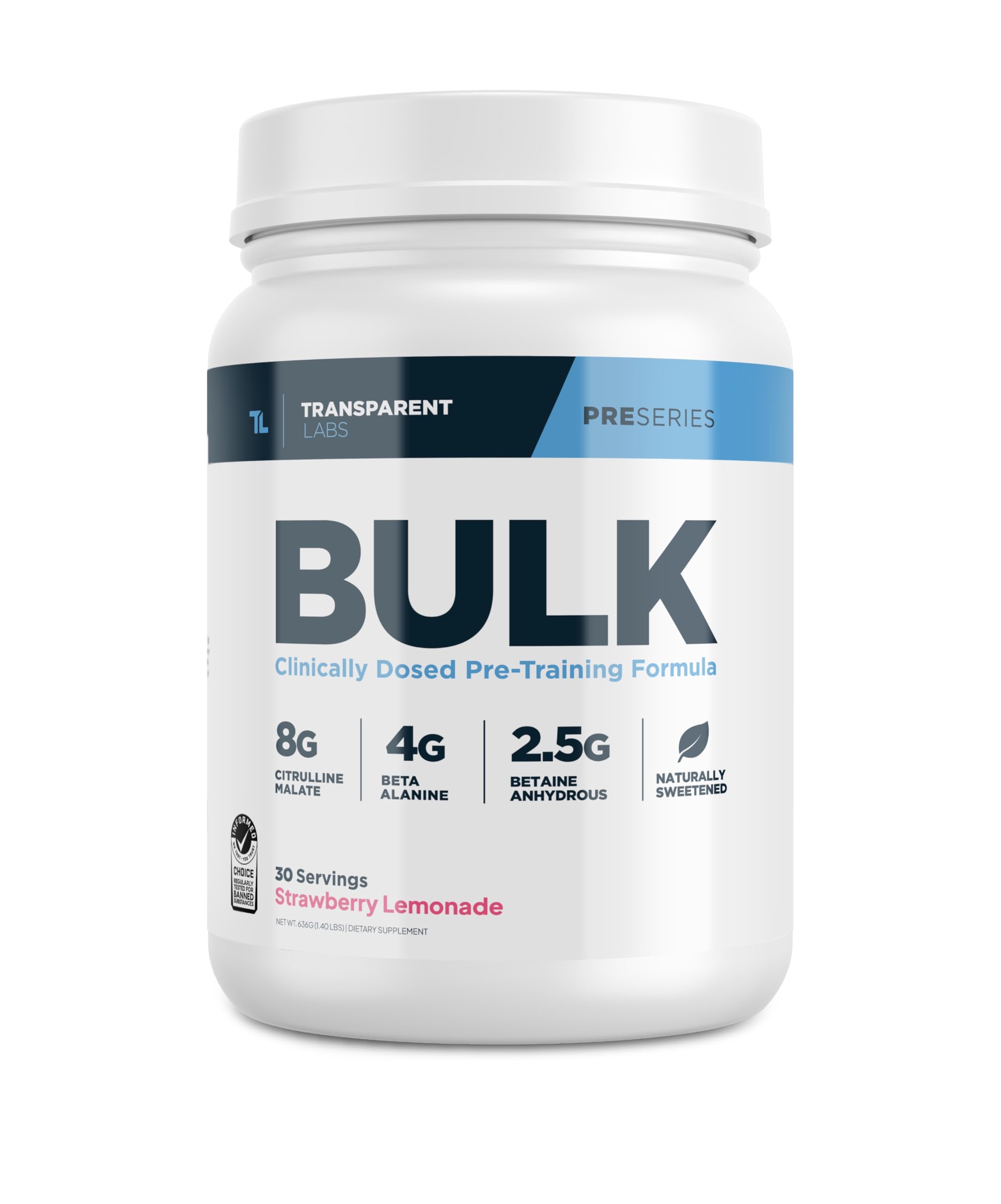 Transparent Labs Bulk Pre-Workout strawberry lemonade bottle showcasing a clean, premium energy formula.