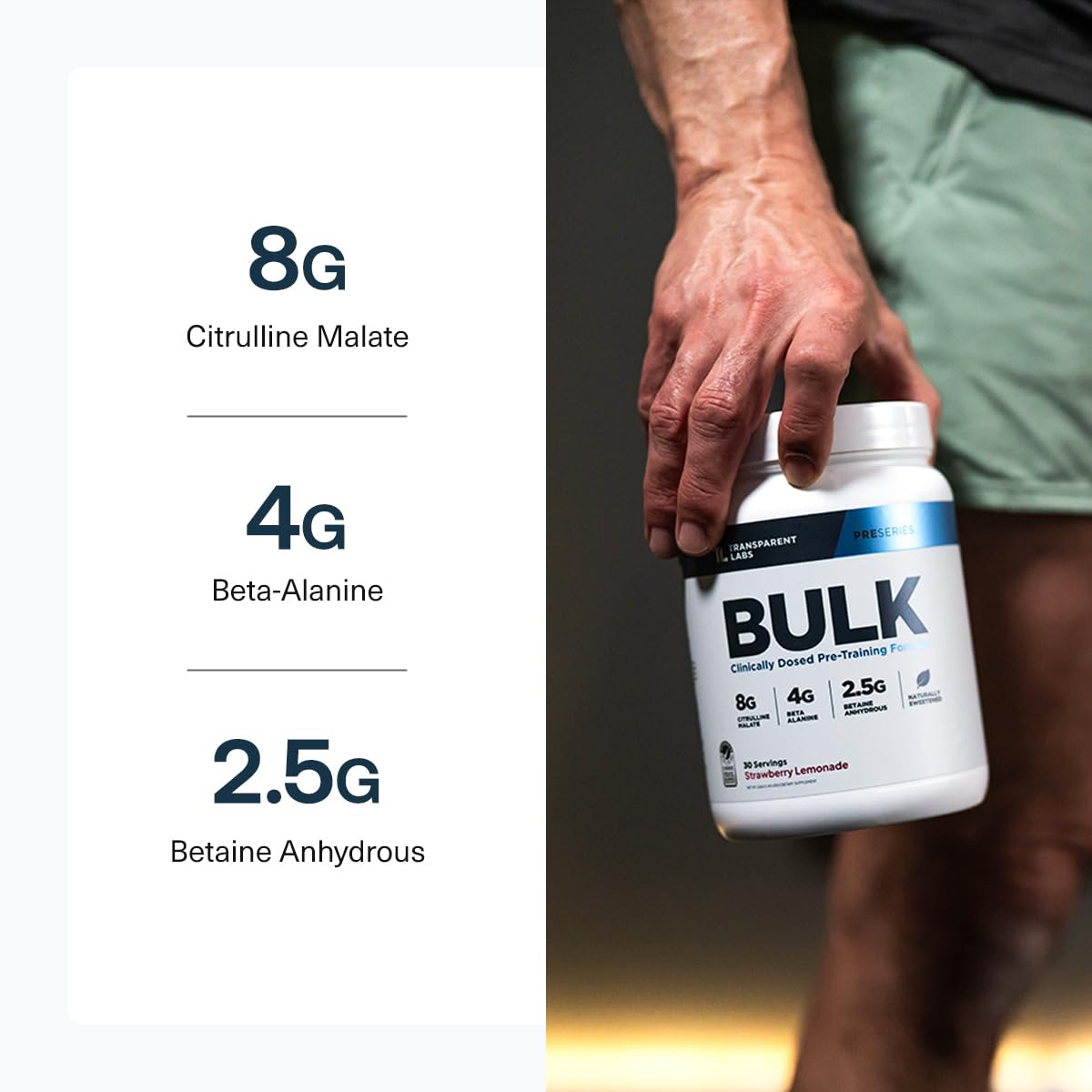 Nutrition facts for Transparent Labs Bulk Pre-Workout showing serving details and caffeine content.