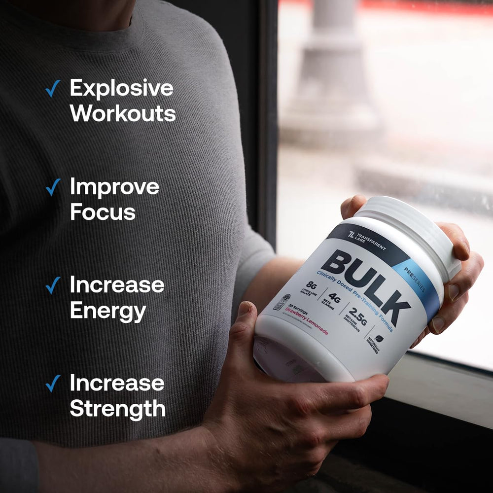 Serving size layout for Transparent Labs Bulk Pre-Workout indicating 30 servings per tub.