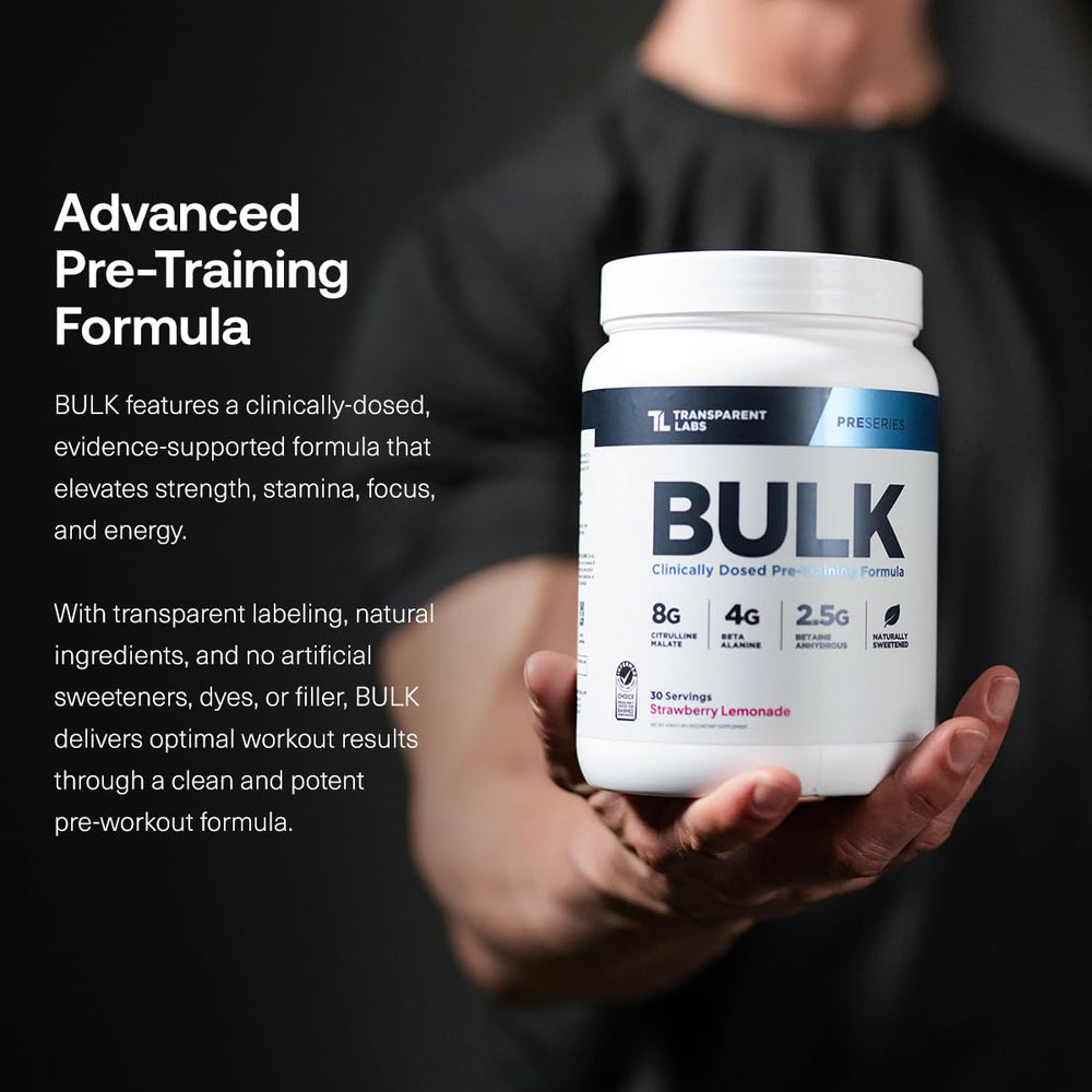 Transparent Labs Bulk Pre-Workout tub closeup showcases premium formula and clean energy