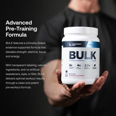 Transparent Labs Bulk Pre-Workout tub closeup showcases premium formula and clean energy