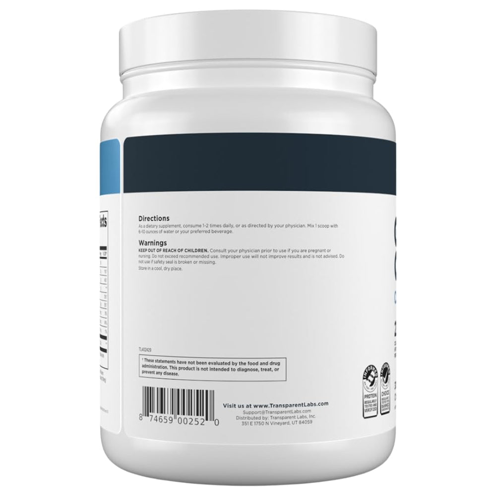 Transparent Labs collagen powder packaging showing third-party testing seal