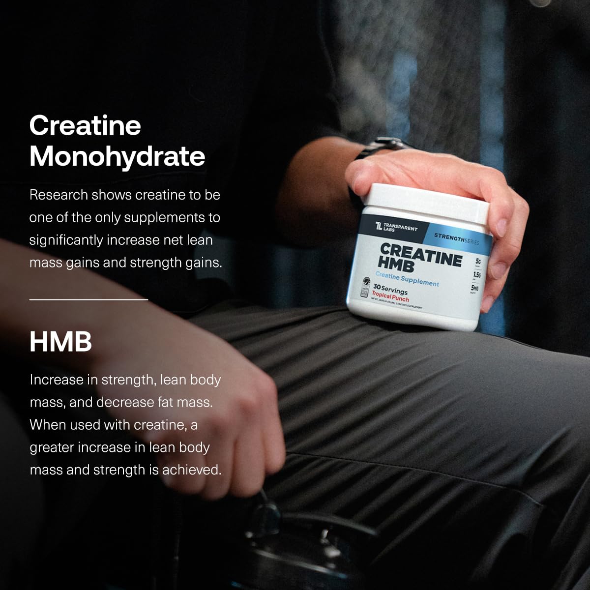Transparent Labs Creatine HMB bottle label highlights clean ingredients.
