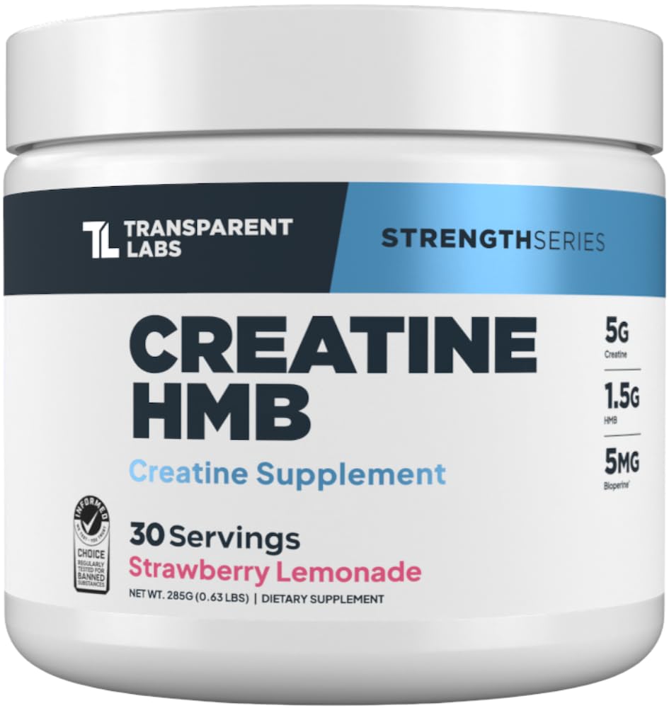 Transparent Labs Creatine HMB bottle highlights a clean formula for lean muscle support.